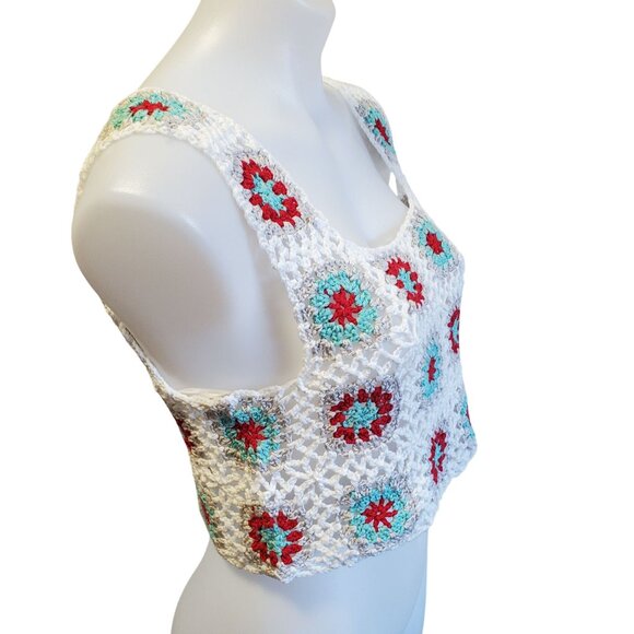 LE LIS White Granny Square Crochet Boho Festival Croped Top Small NWT - Picture 2 of 5